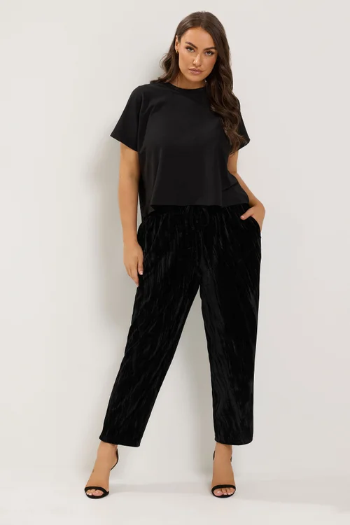 Yours Curve Black Velvet Barrel Leg Trousers - 16/L30 Image 2