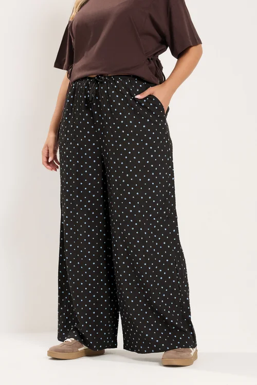 Yours Curve Chocolate Brown & Blue Polka Dot Wide Leg Trousers - 16/L28 Image 1