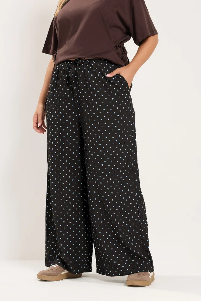 Yours Curve Chocolate Brown & Blue Polka Dot Wide Leg Trousers