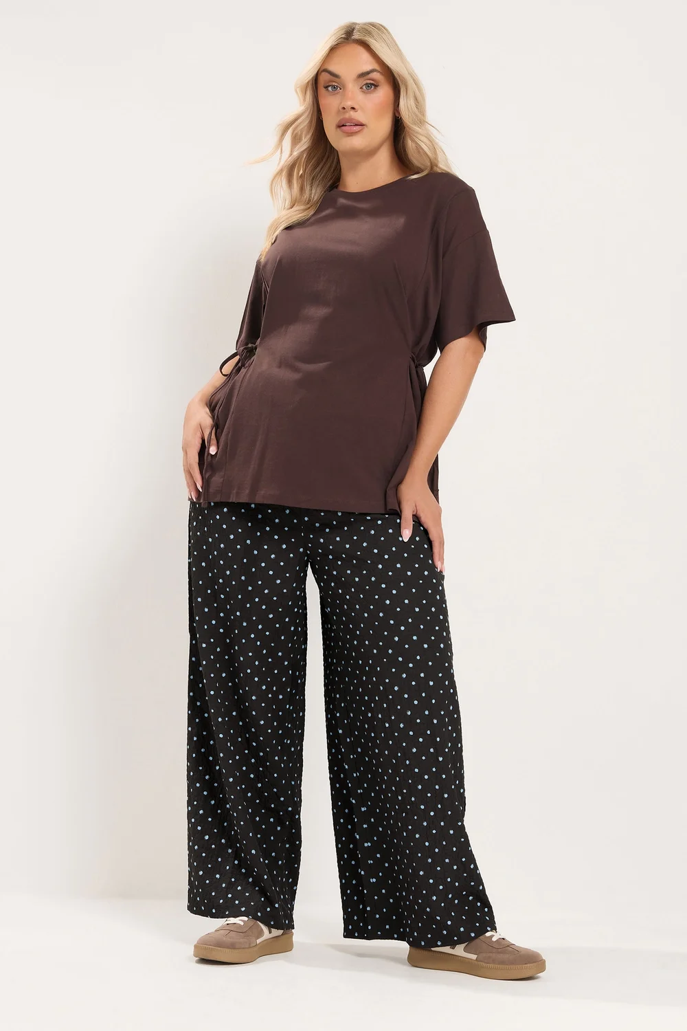 Yours Curve Chocolate Brown & Blue Polka Dot Wide Leg Trousers - 16/L28 Image 2