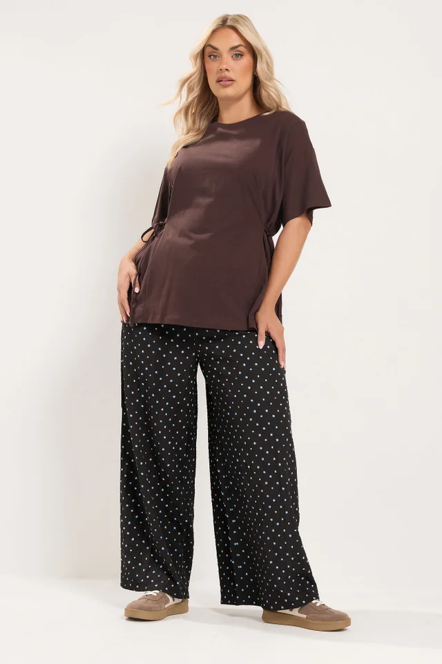 Yours Curve Chocolate Brown & Blue Polka Dot Wide Leg Trousers