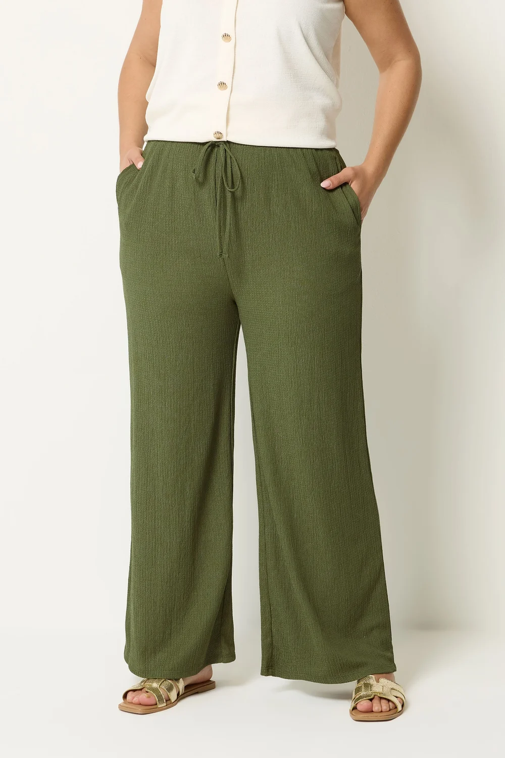 Yours Curve Khaki Green Textured Trousers - 14/L30 Image 1