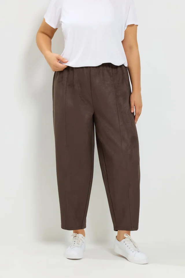 Yours Curve Brown Faux Suede Barrel Leg Trousers
