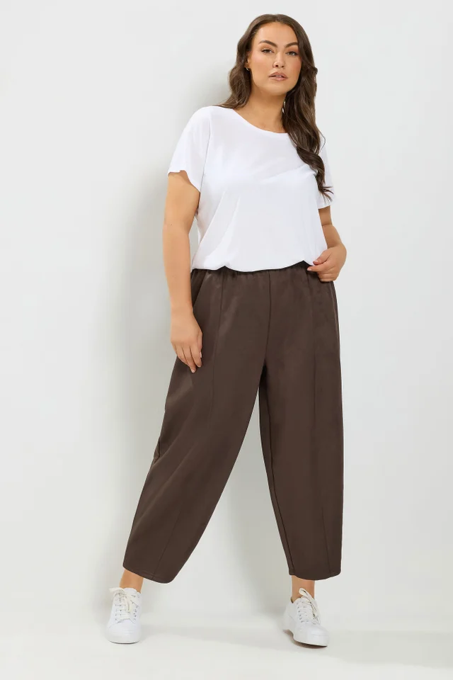 Yours Curve Brown Faux Suede Barrel Leg Trousers