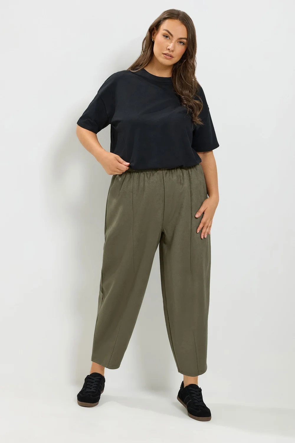 Yours Curve Khaki Faux Suede Barrel Leg Trousers - 12/L30 Image 2