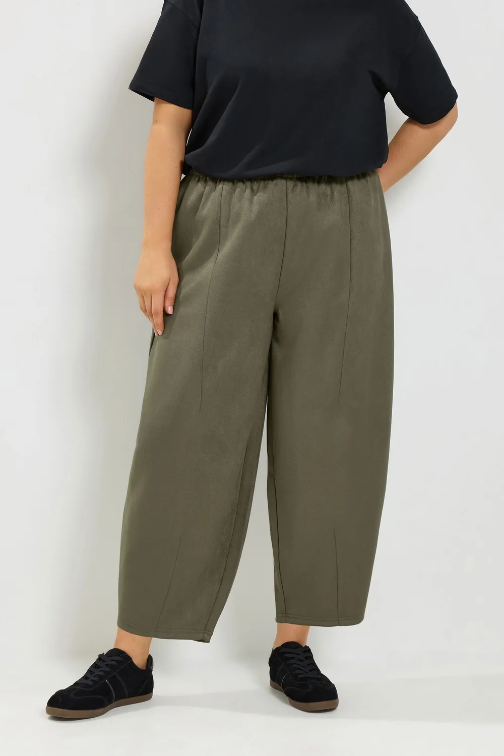 Yours Curve Khaki Faux Suede Barrel Leg Trousers - 12/L30 Image 1