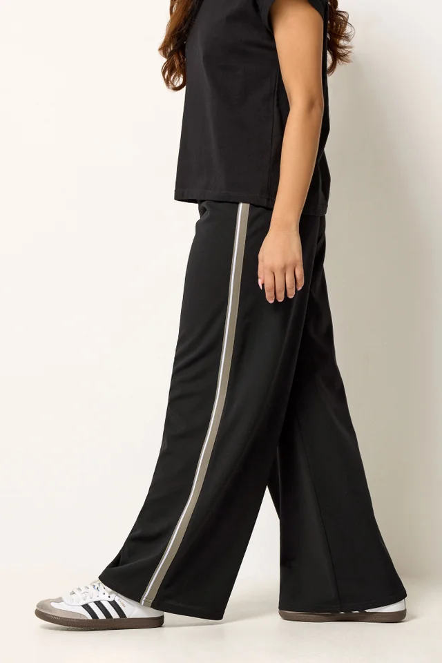 PixieGirl Petite Black Side Stripe Detail Wide Leg Trousers
