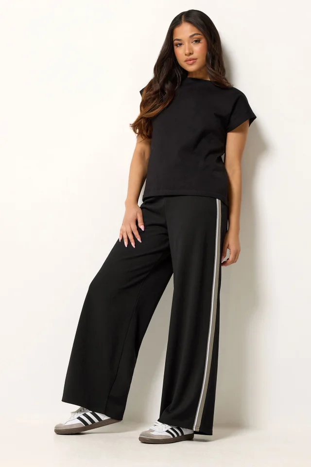 PixieGirl Petite Black Side Stripe Detail Wide Leg Trousers