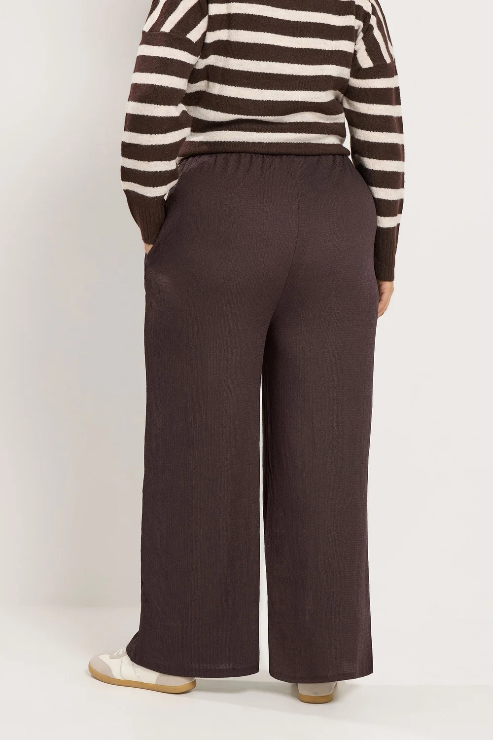 Yours Curve Chocolate Brown Textured Wide Leg Trousers - 20/L30 Image 3