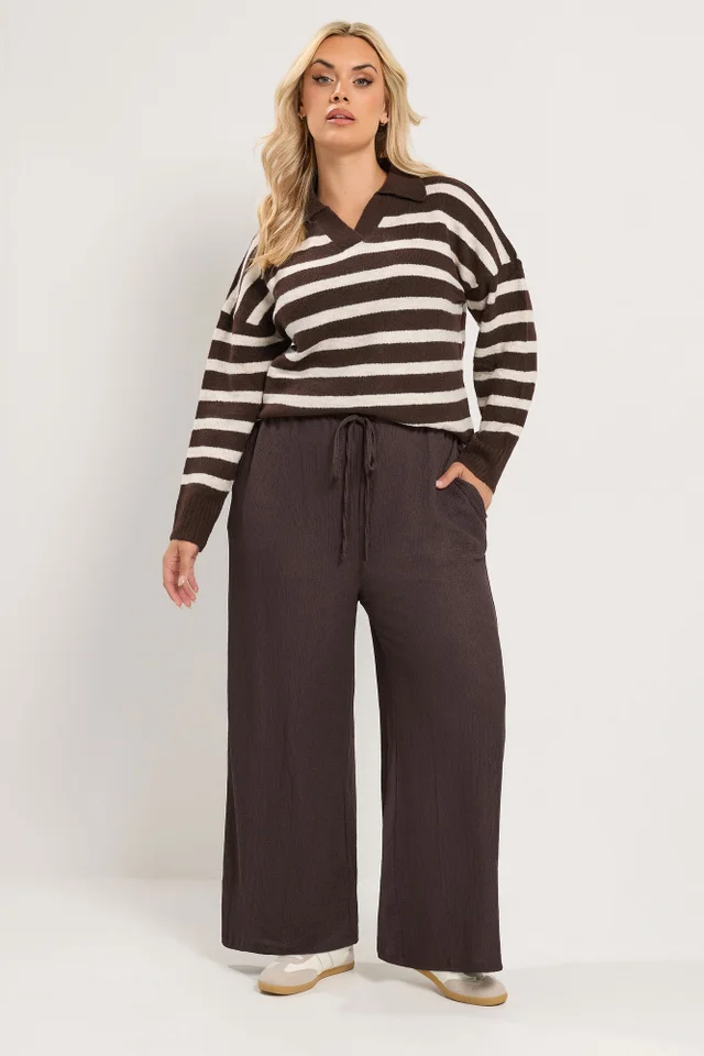 Yours Curve Chocolate Brown Textured Wide Leg Trousers