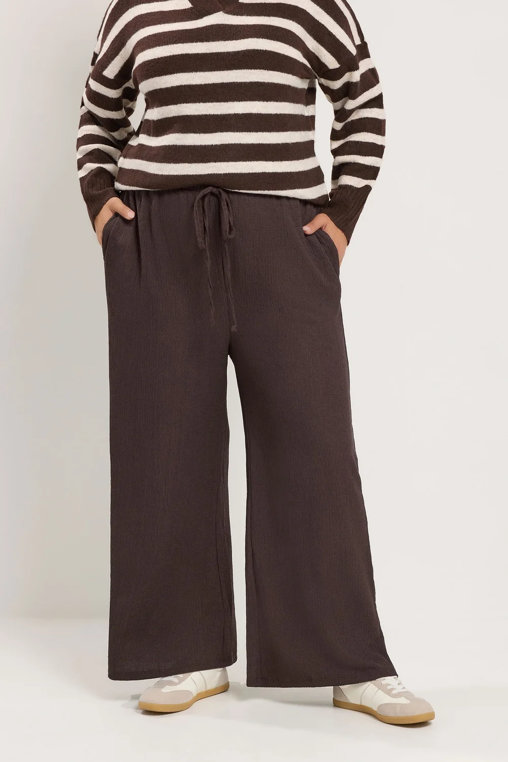 Yours Curve Chocolate Brown Textured Wide Leg Trousers - 20/L30 Image 1