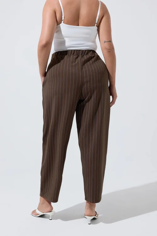 Yours Limited Curve Chocolate Brown & Blue Pinstripe Barrel Leg Trousers - 10 Image 3
