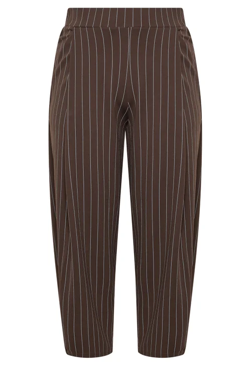 Yours Limited Curve Chocolate Brown & Blue Pinstripe Barrel Leg Trousers - 10 Image 5