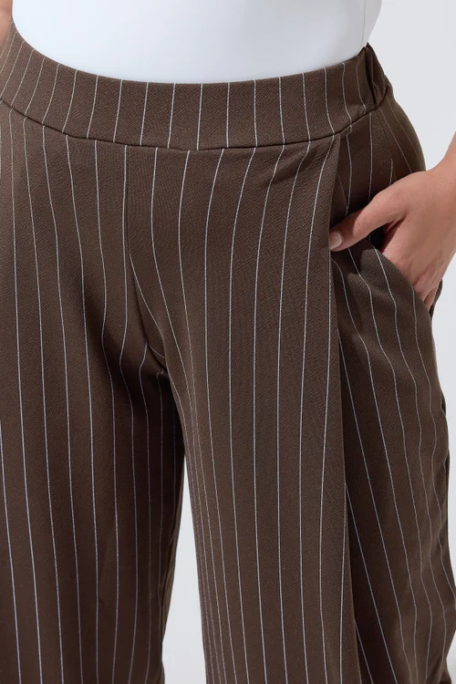 Yours Limited Curve Chocolate Brown & Blue Pinstripe Barrel Leg Trousers - 10 Image 4