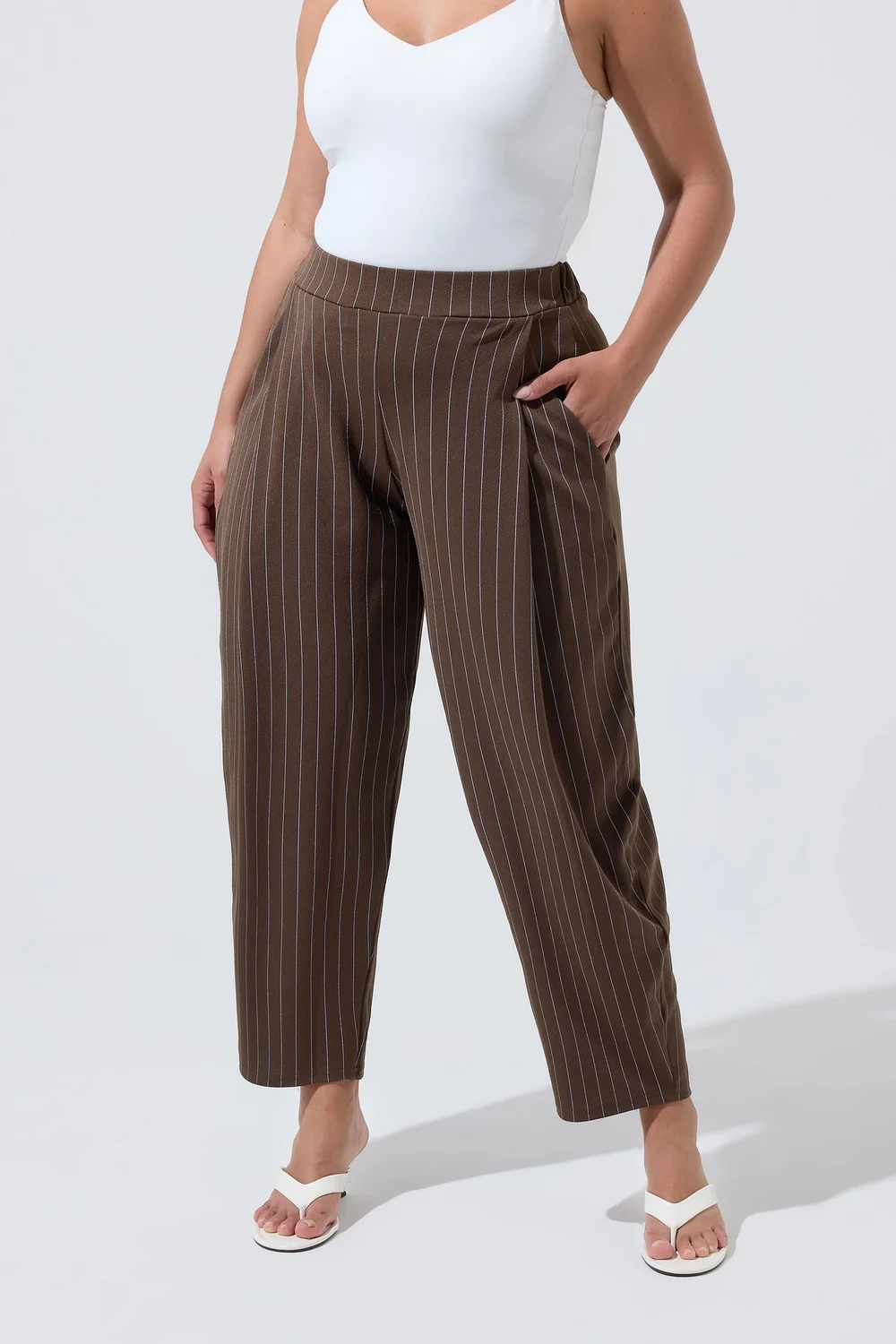 Yours Limited Curve Chocolate Brown & Blue Pinstripe Barrel Leg Trousers - 10 Image 2