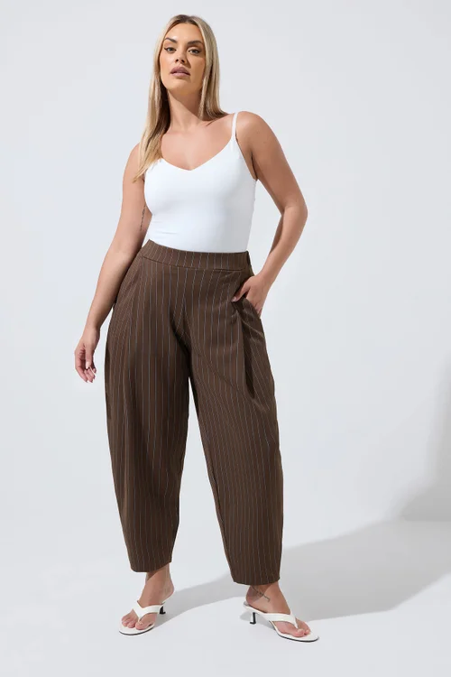 Yours Limited Curve Chocolate Brown & Blue Pinstripe Barrel Leg Trousers - 10 Image 1
