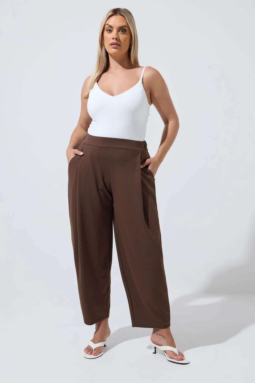 Yours Limited Curve Chocolate Brown Pleated Barrel Leg Trousers - 18 Image 1
