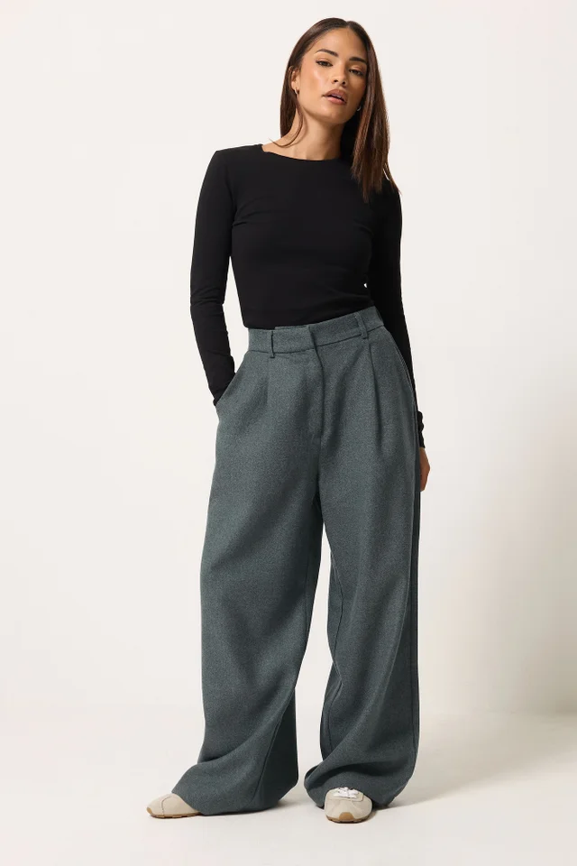 PixieGirl Petite Grey Herringbone Wide Leg Trousers