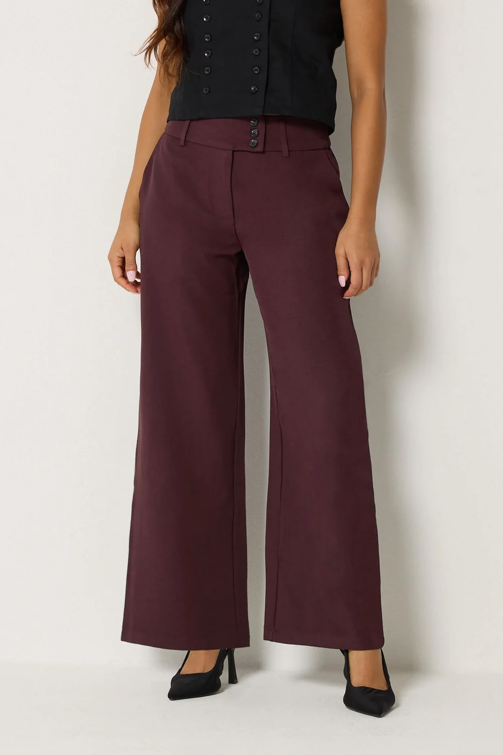 PixieGirl Petite Burgundy Red Button Tab Detail Wide Leg Trousers - 10 Image 1