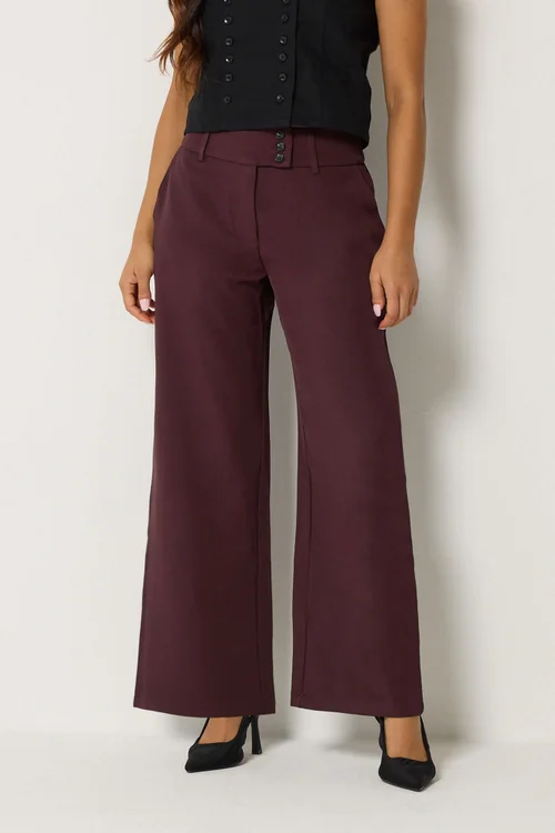 PixieGirl Petite Burgundy Red Button Tab Detail Wide Leg Trousers - 10 Image 1
