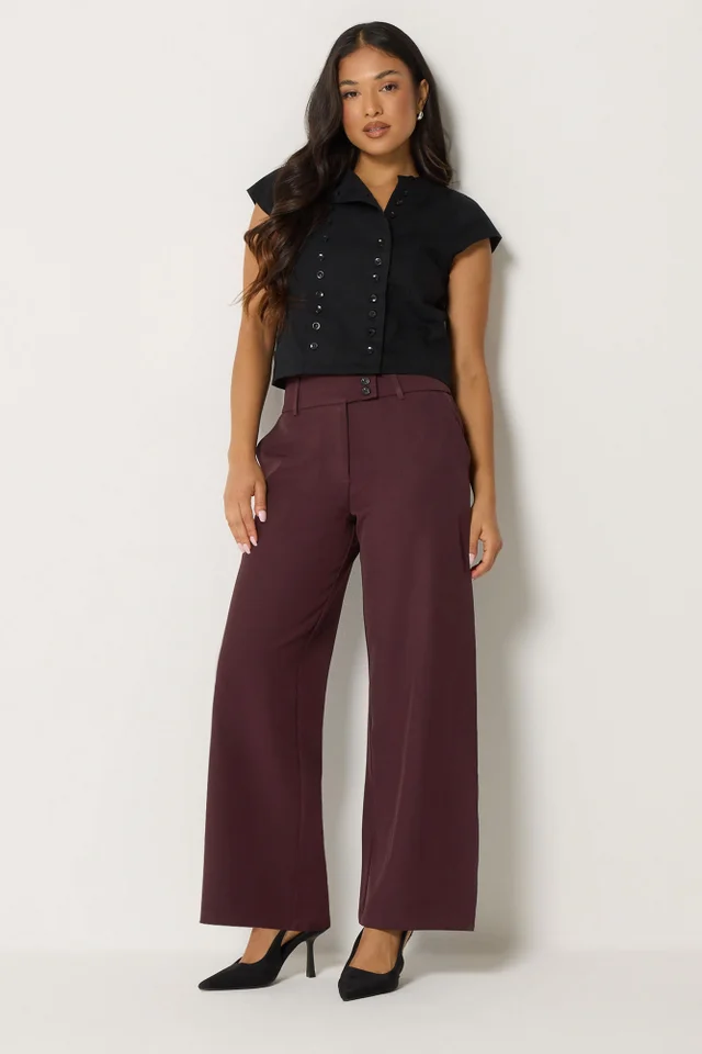 PixieGirl Petite Burgundy Red Button Tab Detail Wide Leg Trousers