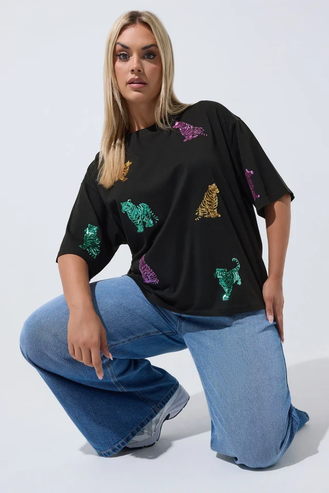 Yours Limited Curve Black Tiger Sequin T-Shirt