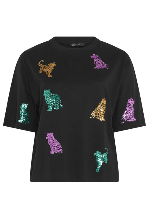 Yours Limited Curve Black Tiger Sequin T-Shirt - 22-24 Image 5