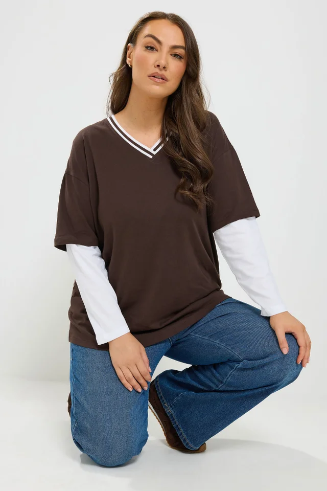 Yours Curve Chocolate Brown 2-In-1 Cotton Skater Top