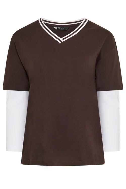 Yours Curve Chocolate Brown 2-In-1 Cotton Skater Top - 16 Image 5