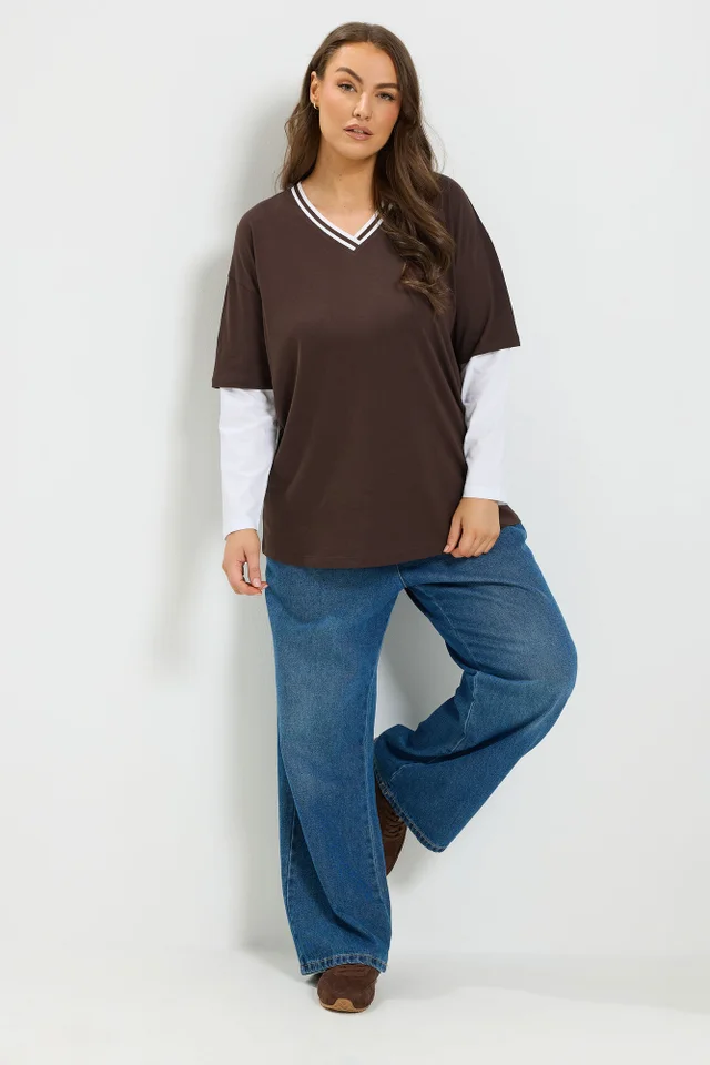 Yours Curve Chocolate Brown 2-In-1 Cotton Skater Top