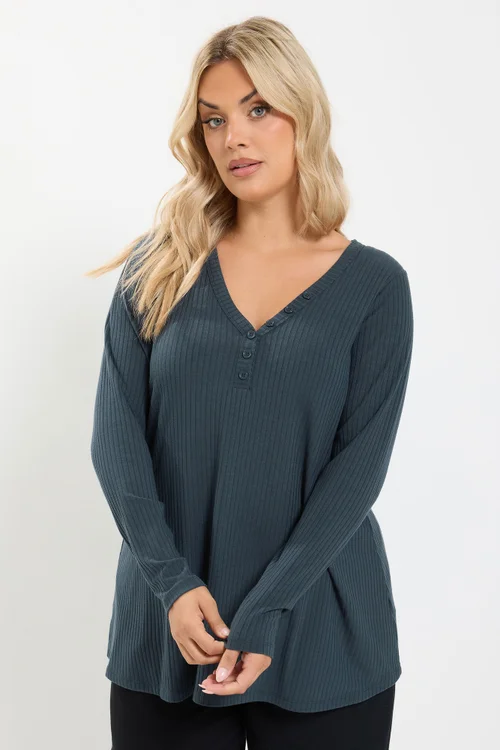 Yours Curve Grey Henley Swing Top - 30-32 Image 1