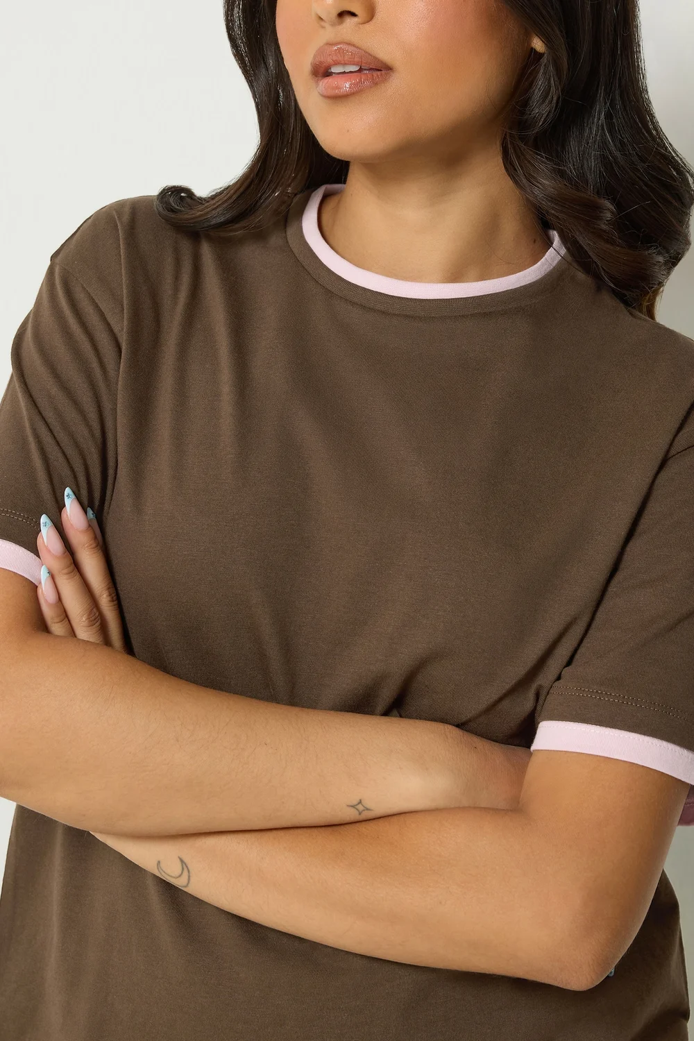 PixieGirl Petite Chocolate Brown Contrast Short Sleeve Cotton T-Shirt - 16 Image 5