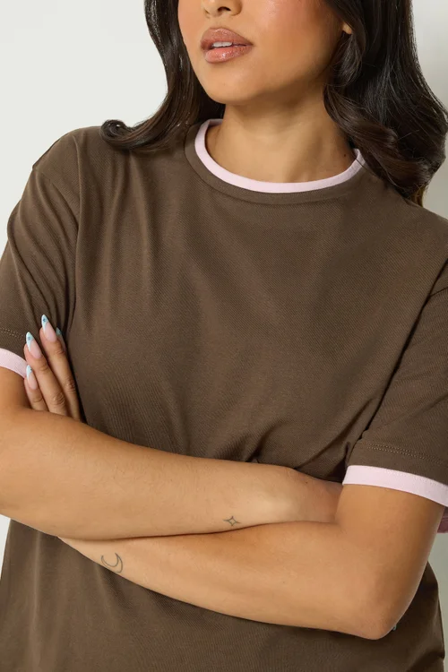 PixieGirl Petite Chocolate Brown Contrast Short Sleeve Cotton T-Shirt - 16 Image 5