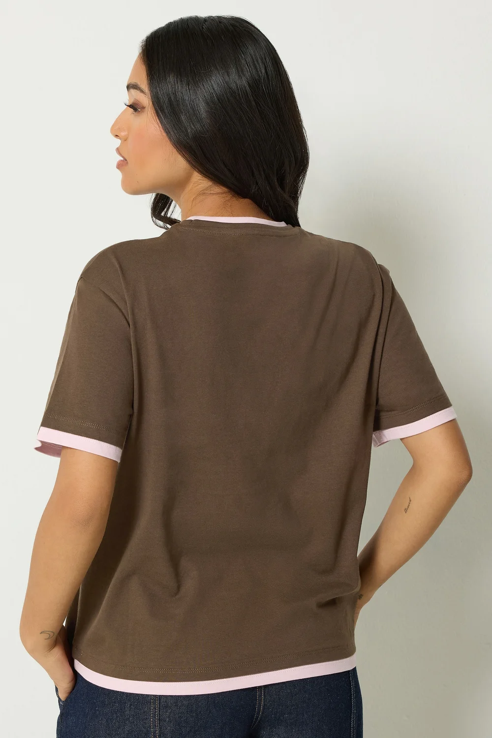 PixieGirl Petite Chocolate Brown Contrast Short Sleeve Cotton T-Shirt - 16 Image 4
