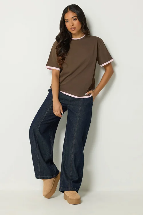 PixieGirl Petite Chocolate Brown Contrast Short Sleeve Cotton T-Shirt - 16 Image 3