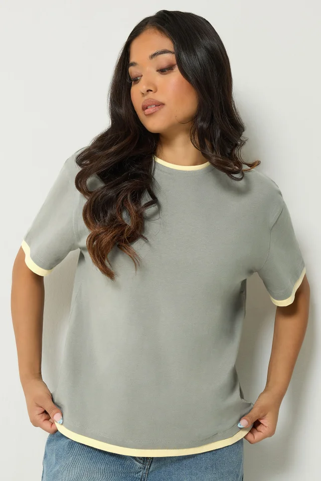 PixieGirl Petite Grey Contrast Short Sleeve Cotton T-Shirt