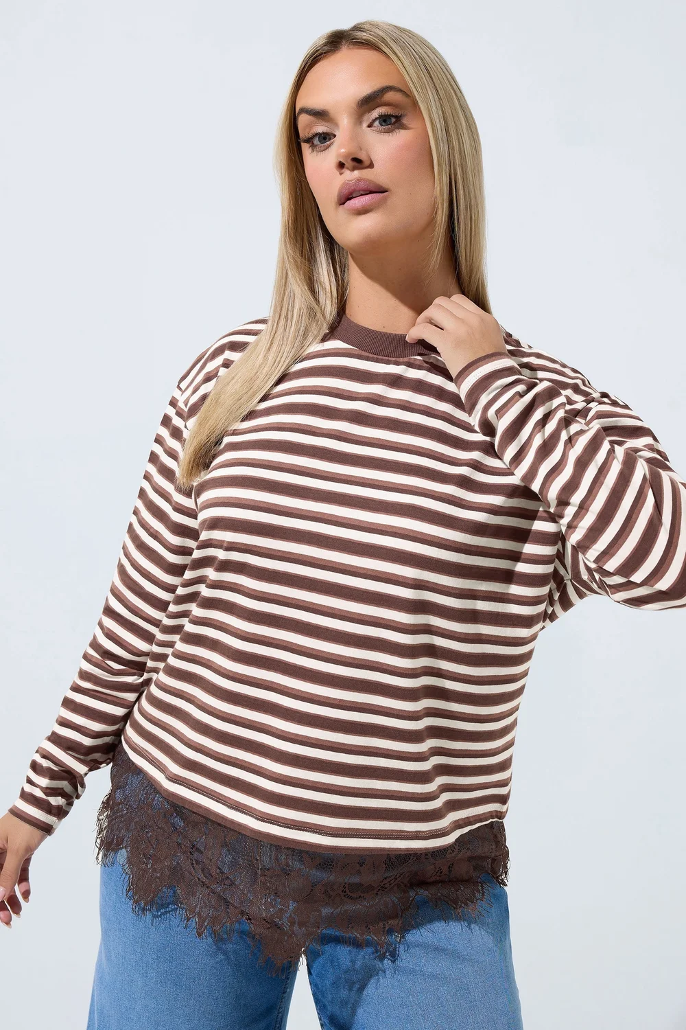 Yours Limited Collection Curve Brown Stripe Lace Trim Top - 12 Image 1