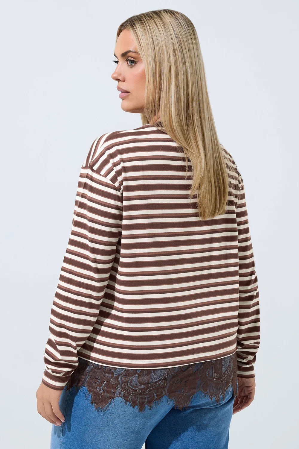 Yours Limited Collection Curve Brown Stripe Lace Trim Top - 12 Image 3