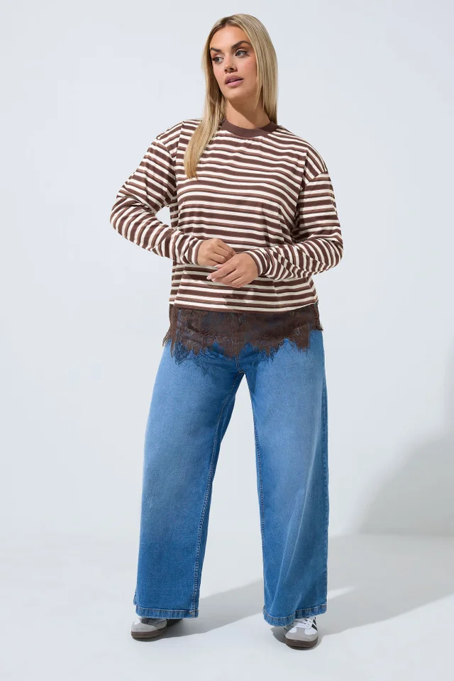 Yours Limited Collection Curve Brown Stripe Lace Trim Top