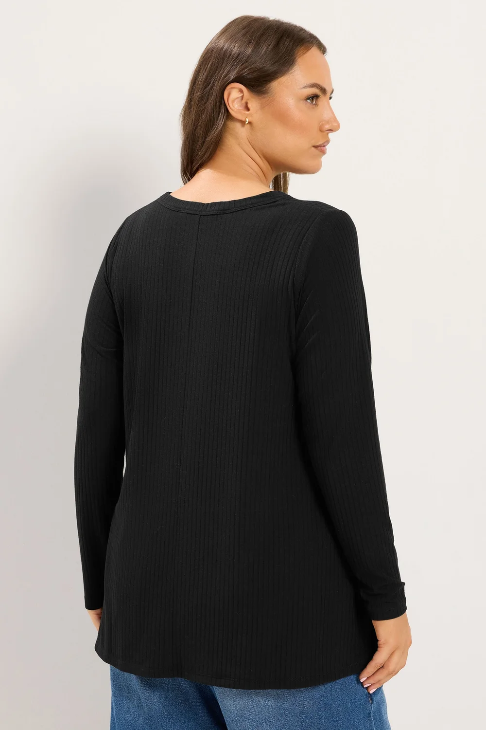 Yours Curve Black Henley Ribbed Swing Top - 30-32 Image 3