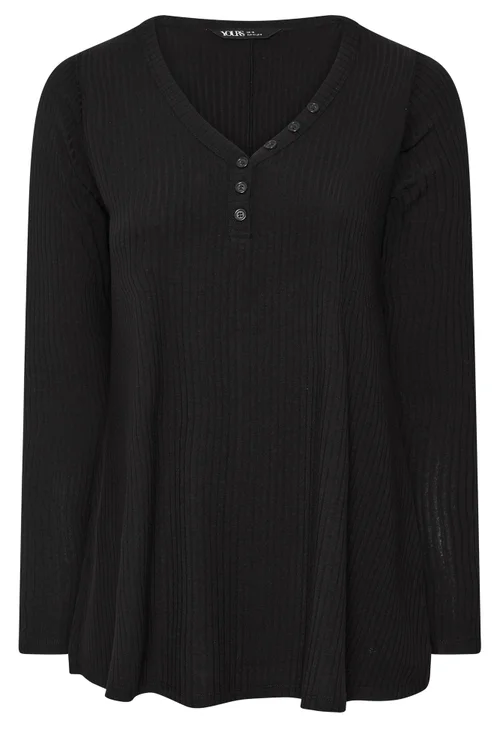 Yours Curve Black Henley Ribbed Swing Top - 30-32 Image 5
