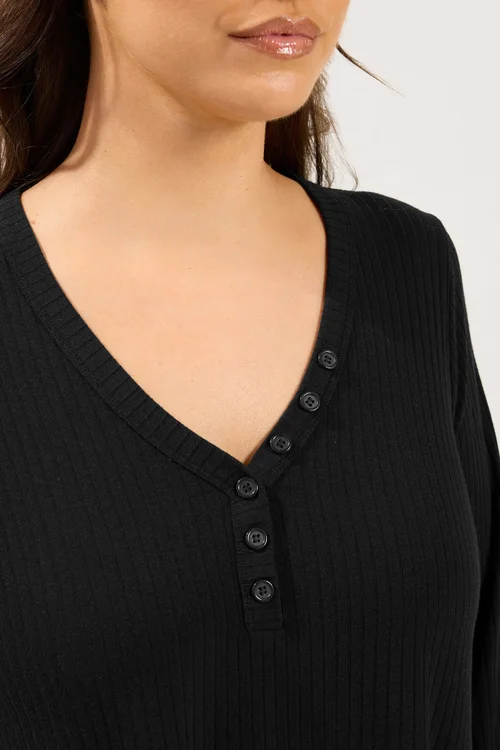 Yours Curve Black Henley Ribbed Swing Top - 30-32 Image 4