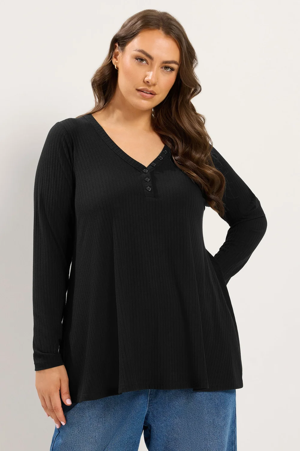 Yours Curve Black Henley Ribbed Swing Top - 30-32 Image 1