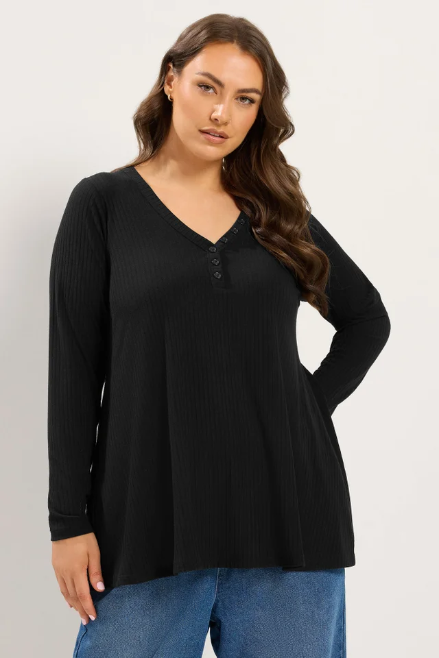 Yours Curve Black Henley Ribbed Swing Top