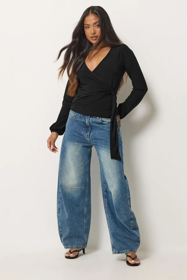 PixieGirl Petite Black Side Tie Balloon Top
