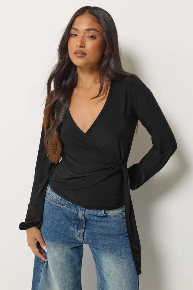PixieGirl Petite Black Side Tie Balloon Top