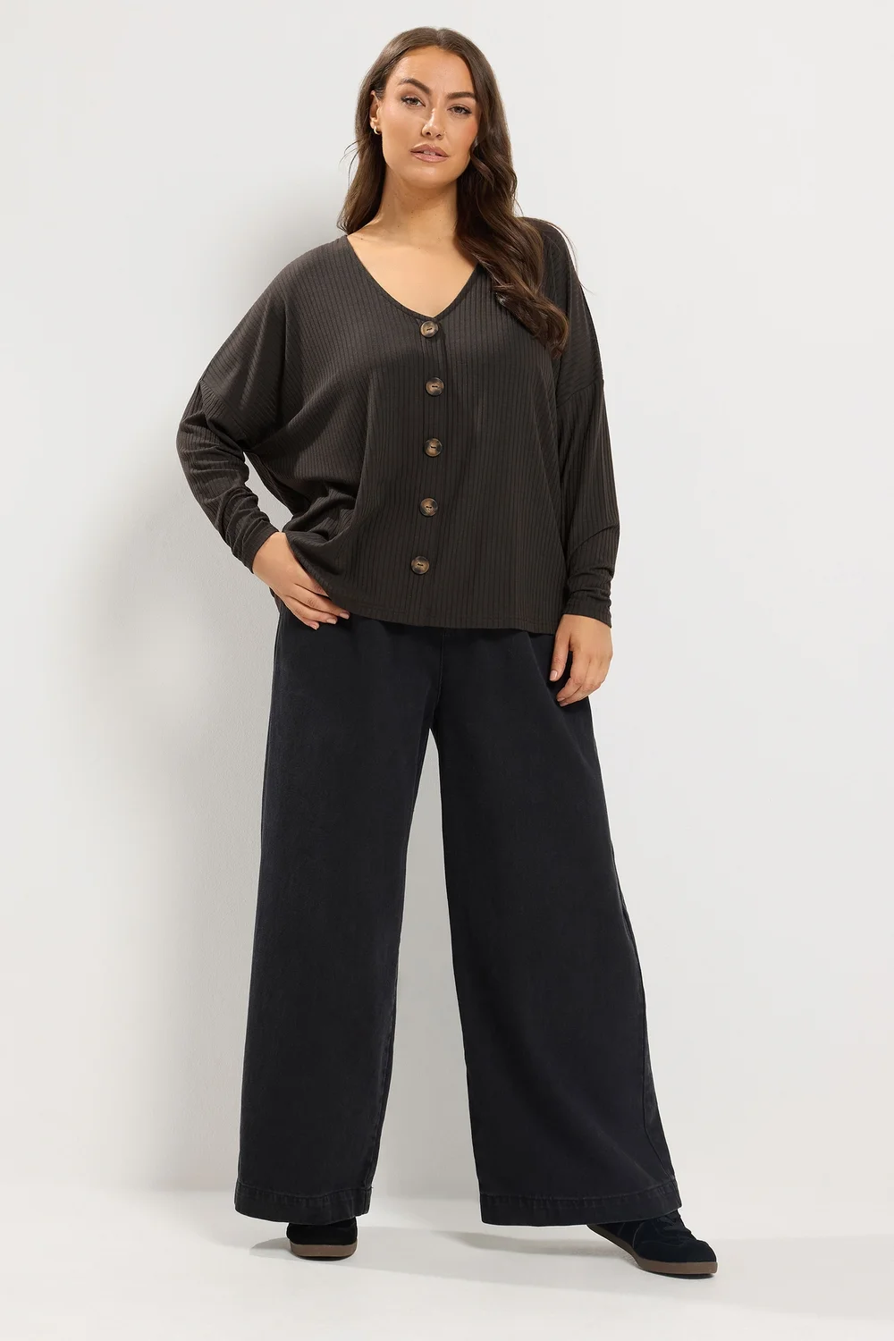 Yours Curve Chocolate Brown Ribbed Button Details Top - 12 Image 2