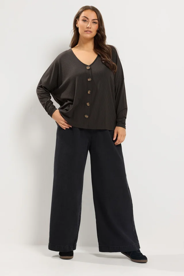 Yours Curve Chocolate Brown Ribbed Button Details Top