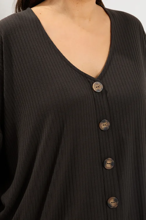 Yours Curve Chocolate Brown Ribbed Button Details Top - 12 Image 4