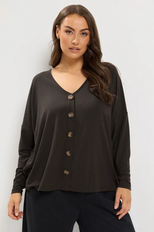 Yours Curve Chocolate Brown Ribbed Button Details Top - 12 Image 1